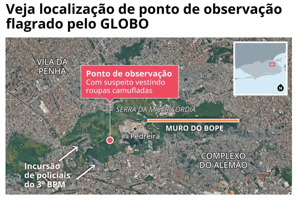 Localização do ponto de observação flagrado pelo GLOBO na Serra da Misericórdia — Foto: Editoria de Arte