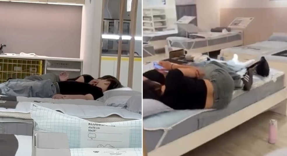 Clientes têm momento íntimo em cama de loja de diante de outros compradores em Taiwan — Foto: Reprodução/Thread
