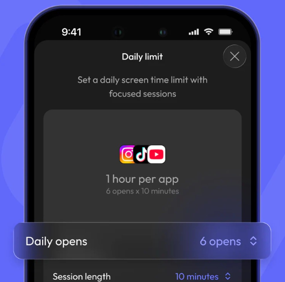 No ScreenZen o usuário escolhe quantas vezes pode abrir cada aplicativo por dia; também pode colocar tempo máximo por sessão — Foto: Divulgaão/ScreenZen
