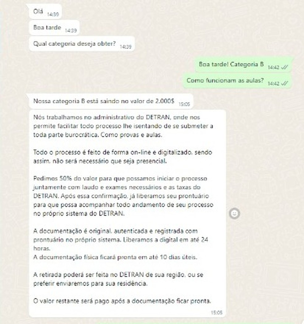 Conversa com uma atendente da Bahia — Foto: Reprodução/WhatsApp