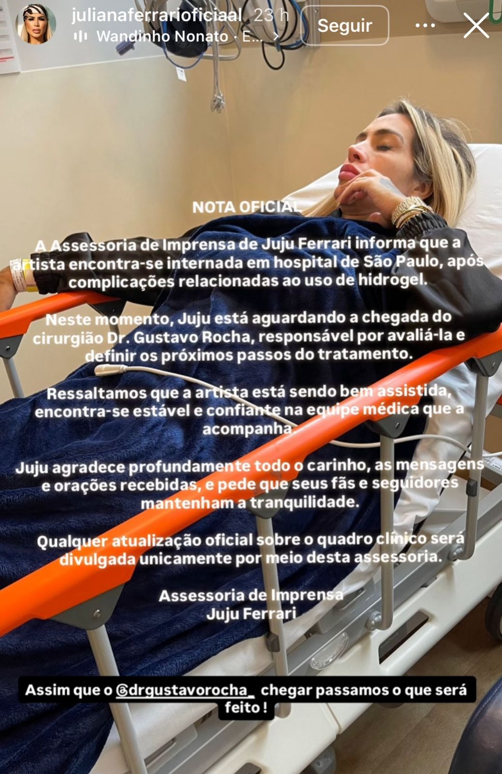 Assessoria de Juju Ferrari divulga nota — Foto: Instagram