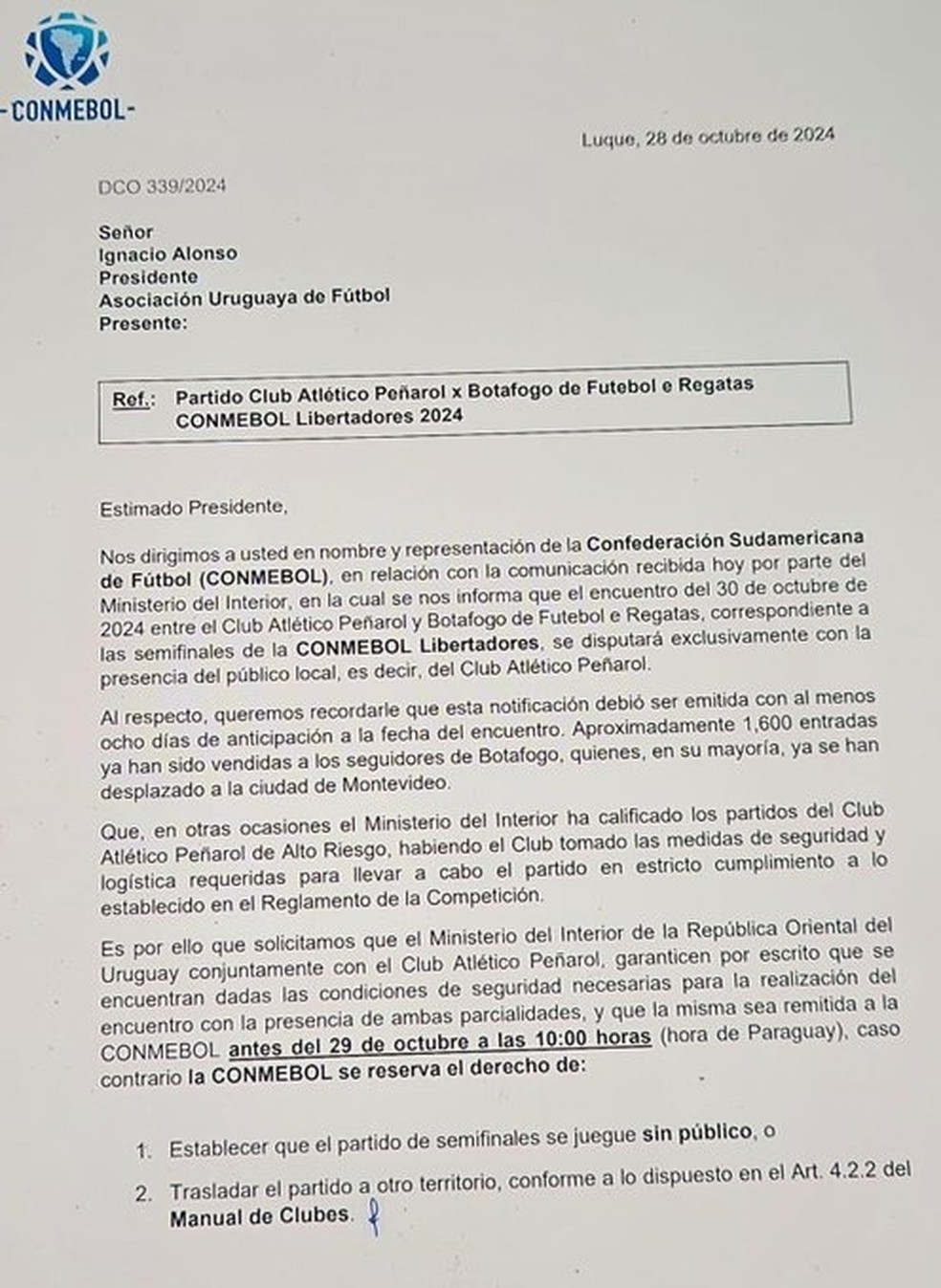 Of&iacute;cio da Conmebol &mdash; Foto: Reprodu&ccedil;&atilde;o
