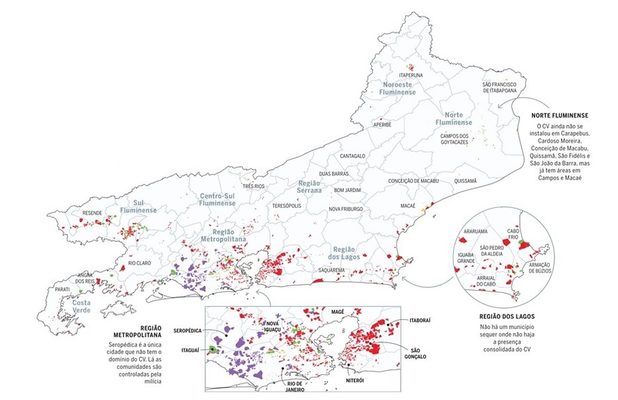 Mapa da presença do Comando Vermelho no estado do Rio