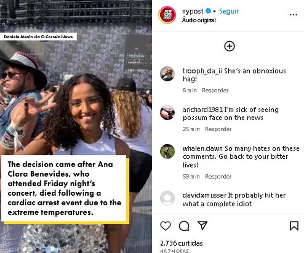 Ana Clara Benevides em post do New York Post — Foto: Reprodução