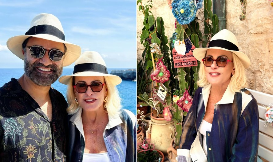 Ana Maria Braga com o marido, Fábio Arruda, curtindo férias na Itália