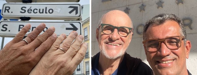 Marcos Caruso e Marcos Paiva trocaram alianças em Portugal — Foto: Instagram