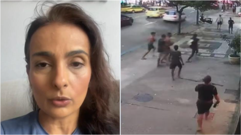 Natália Silva é a mulher que aparece em vídeo, fugindo de bando de criminosos em Copacabana — Foto: Reproduções TV Globo e de vídeo