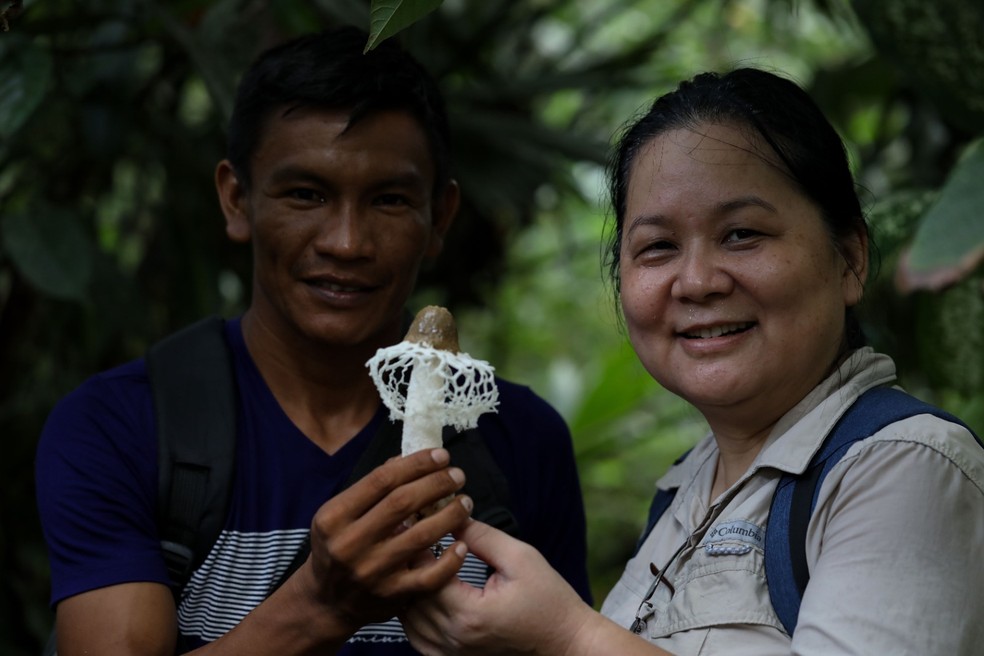 Pesquisadores com cogumelo na região amazônica — Foto: Michael Dantas