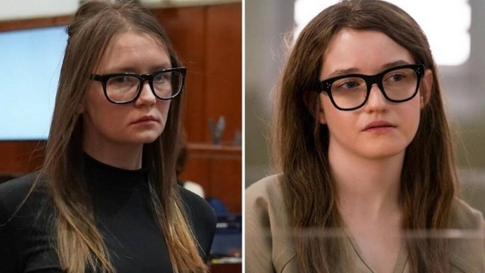 Anna 'Delvey' Sorokin(à esquerda), e a atriz Julia Garner em 'Inventando Anna' — Foto: AFP/Reprodução Netflix