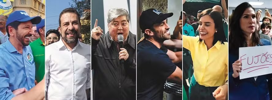 Da esquerda para a direita: Ricardo Nunes (MDB), Guilherme Boulos (PSOL), José Luiz Datena (PSDB), Pablo Marçal (PRTB), Tabata Amaral (PSB) e Marina Helena (Novo)