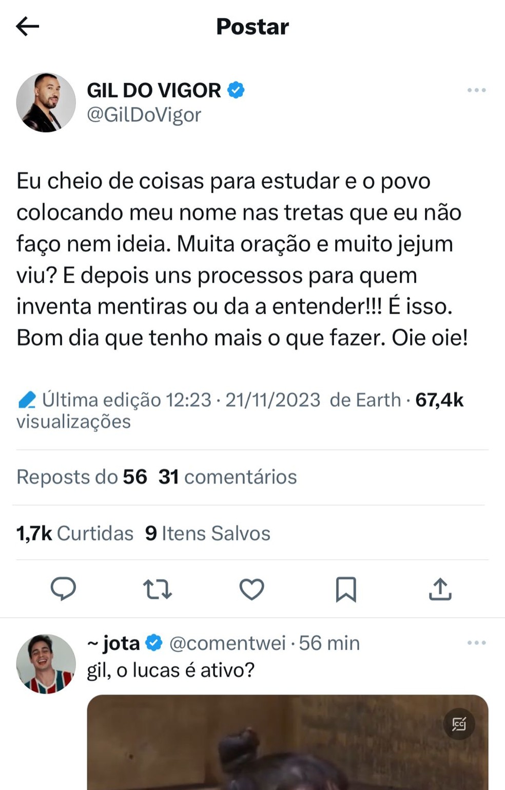 Gil do Vigor se manifesta após ser apontado como amante de Lucas, ex de Jojo — Foto: Instagram