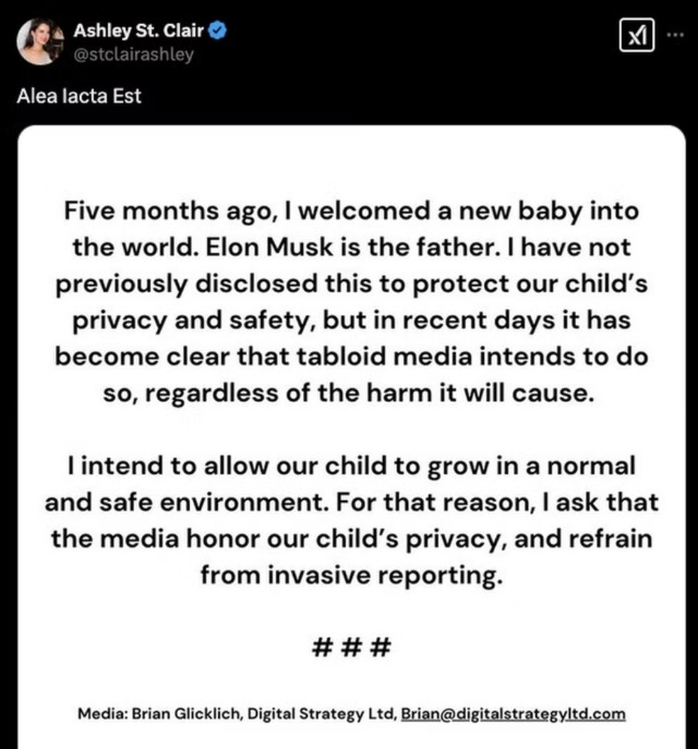Postagem no X de Ashley St. Clair sobre 'filho' que teve com Elon Musk — Foto: Reprodução/X