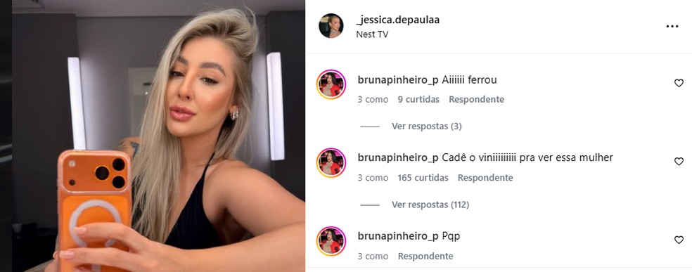 Bruna Pinheiro fez piada com Vini Jr. em foto de Jéssica de Paula — Foto: Reprodução/Instagram