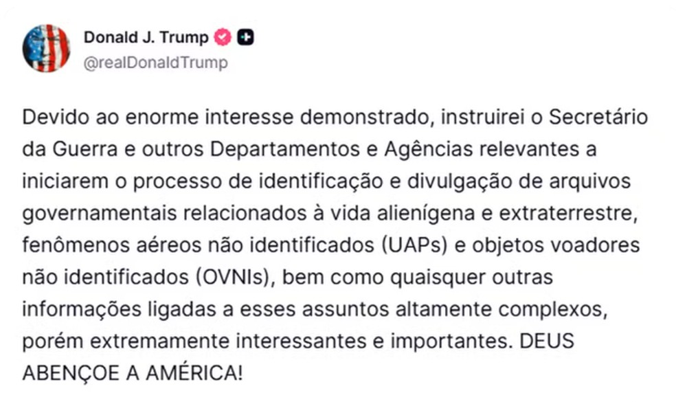 Trump solicita a liberação de arquivos relacionadas a vida extraterrestre — Foto: Reprodução/Truth Social