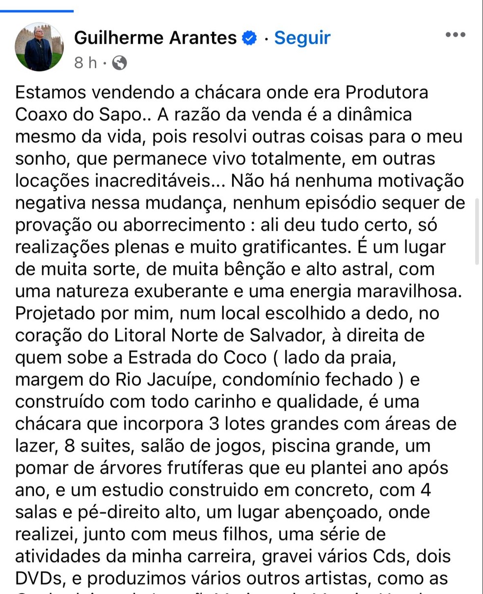 Guilherme Arantes vende chácara por R$ 2 milhões na Bahia — Foto: Facebook