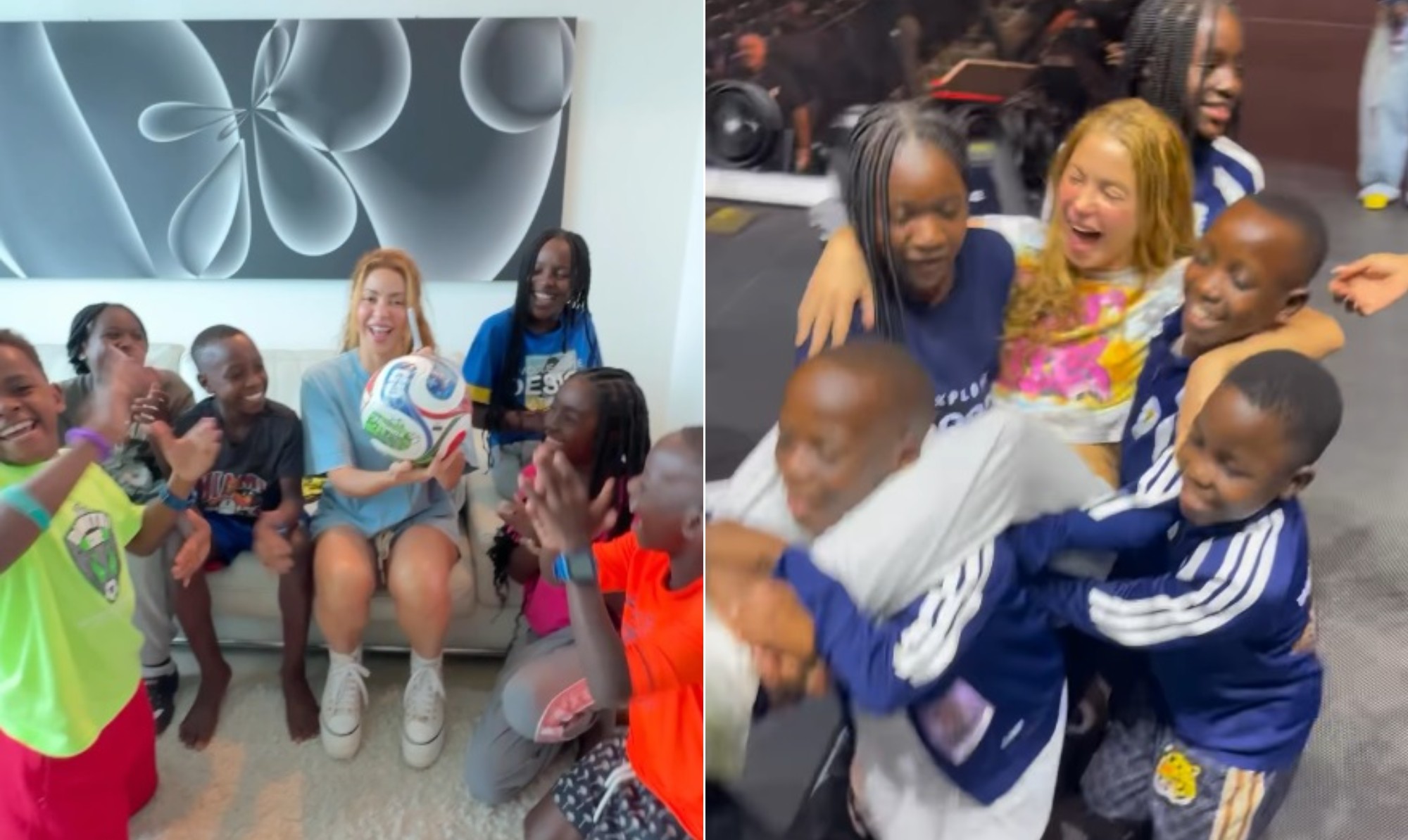 Shakira autografa bola para ser exposta em museu e é carregada por dançarinos do Ghetto Kids: 