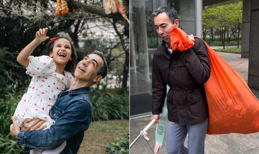 César Tralli com a filha, Manuella, e segurando saco com roupas e brinquedos
