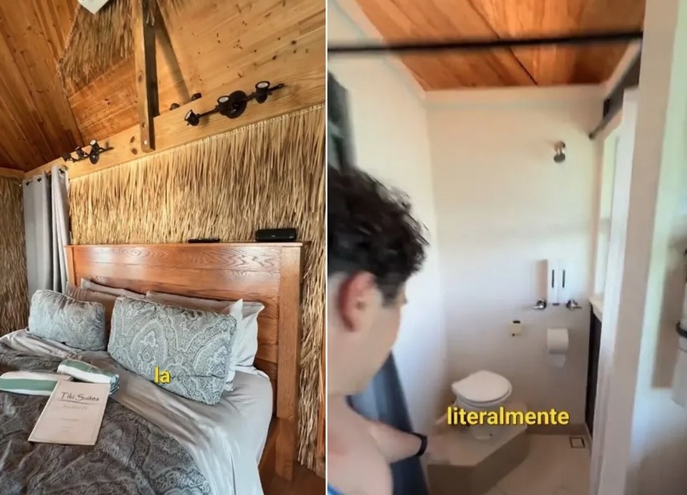 Quarto e banheiro da 'hospedagem por temporada mais isolada do mundo' — Foto: Reprodução/TikTok