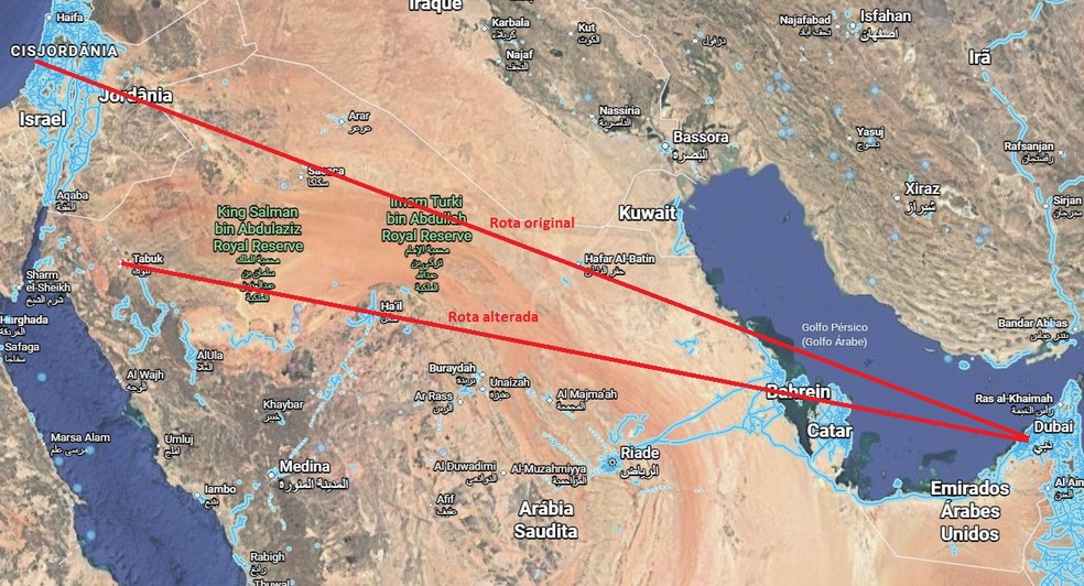 Voo da FlyDubai de Dubai a Tel Aviv foi desviado a Tabuk (Ar&aacute;bia Saudita) &mdash; Foto: Reprodu&ccedil;&atilde;o/Google Maps
