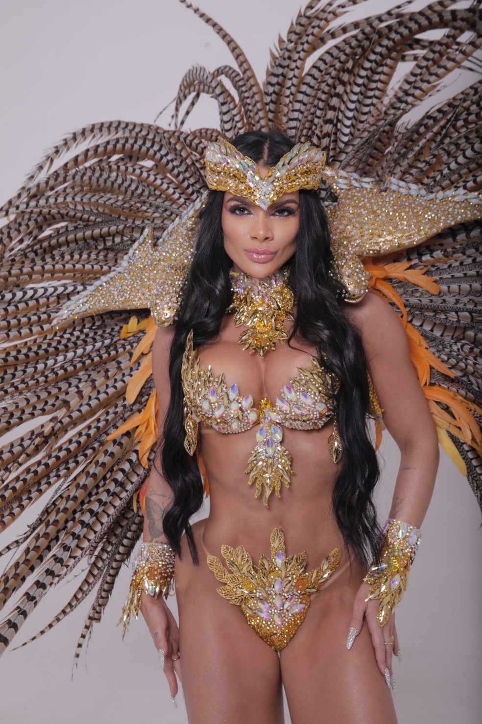 Depois de perder 40 quilos, musa da Barroca Zona Sul, Raíssa Souza chega aos 9% de gordura e desfila de tapa-sexo no Anhembi — Foto: Igor Cantanhede / Foliões do carnaval/ Divulgação