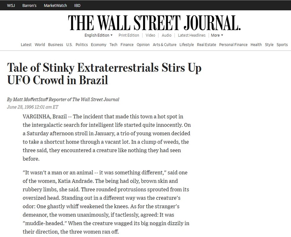 Reportagem do 'Wall Street Journal' sobre o ET de Varginha — Foto: Reprodução