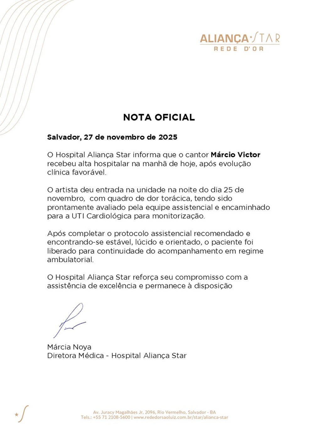 Boletim médico sobre alta médica de Márcio Victor — Foto: Divulgação