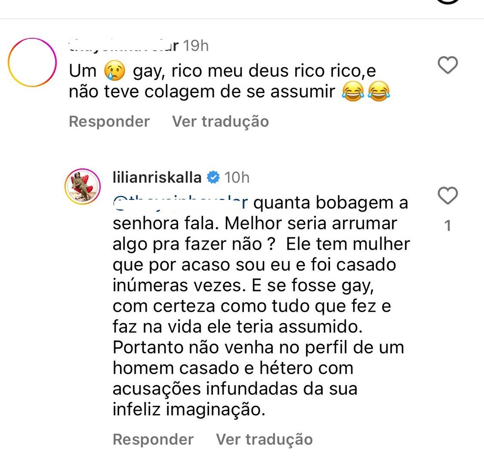 Mulher de Chiquinho Scarpa rebate seguidora que chama o conde de gay — Foto: Instagram