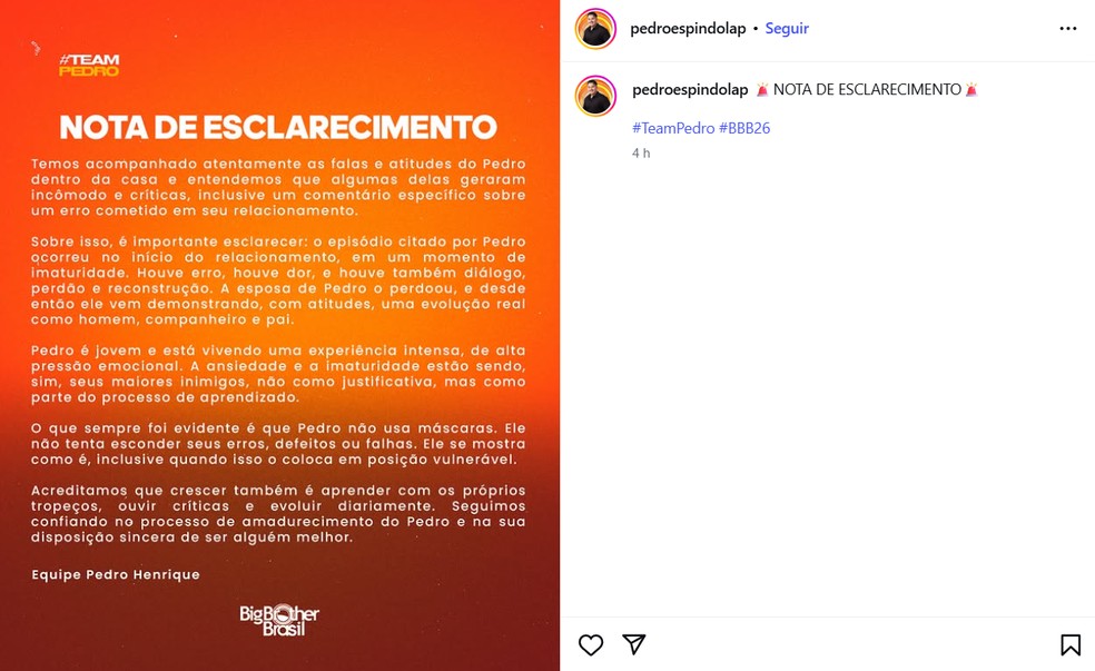 Equipe de Pedro publica nota de esclarecimento — Foto: Reprodução: Instagram