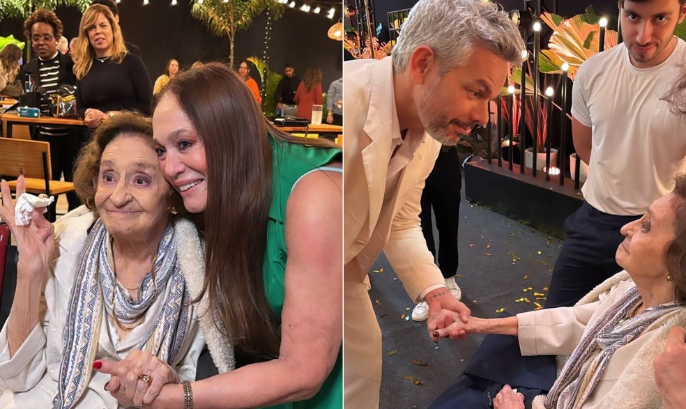 Laura Cardoso com Susana Vieira e Otaviano Costa na gravação da vinheta de fim de ano da Globo — Foto: Reprodução/Instagram