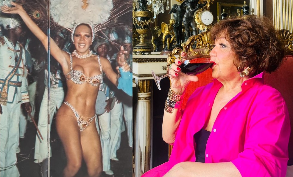 Eloína no desfile da Beija-Flor em 1976 e hoje, aos 79 anos — Foto: fotos arquivo pessoal