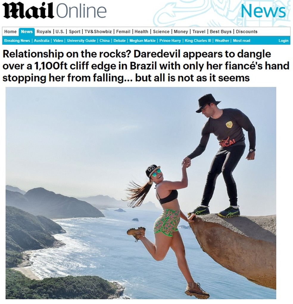 Jornal britânico destacou a aventura do casal Luiz Fernando Candeia e Marcelle Rangel da Cunha na Pedra do Telégrafo — Foto: Reprodução/Daily Mail