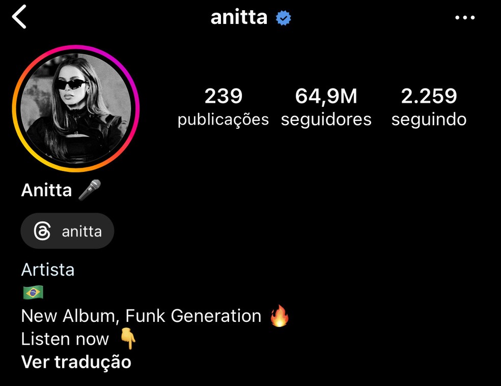 N&uacute;mero de seguidores de Anitta no Instagram &mdash; Foto: Reprodu&ccedil;&atilde;o/Instagram
