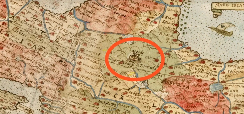 Mapa-múndi de 1587 indica que a localização final da bíblica Arca de Noé — Foto: Reprodução/X