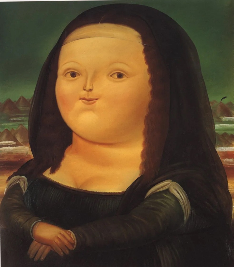 Marco "Mona Lisa"de 1977, del artista colombiano Fernando Botero: reconstrucción del cuadro clásico — Foto: Divulgación