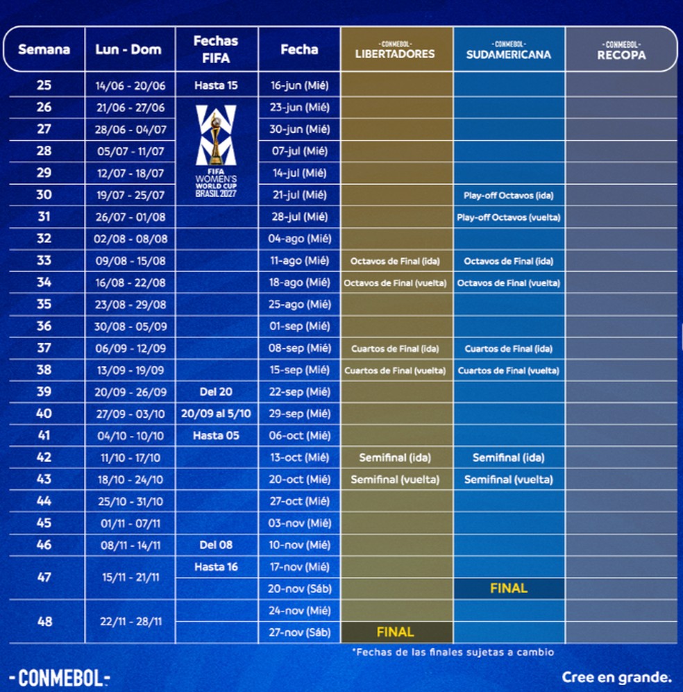 Calendário da Conmebol em 2027 — Foto: Divulgação