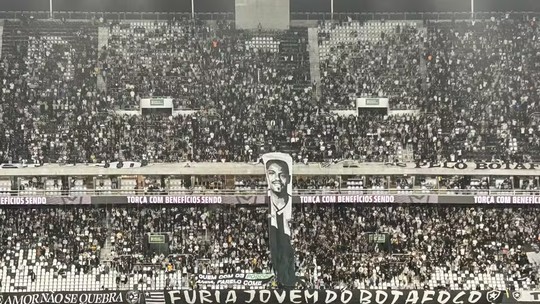 Torcida do Botafogo exibe bandeira de Marlon Freitas, do Palmeiras, pintada como 'Judas'
