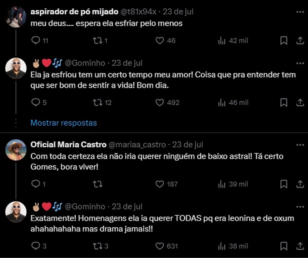 Gominho rebate críticas de internauta sobre como deveria viver o luto pela morte de Preta Gil — Foto: Reprodução/X