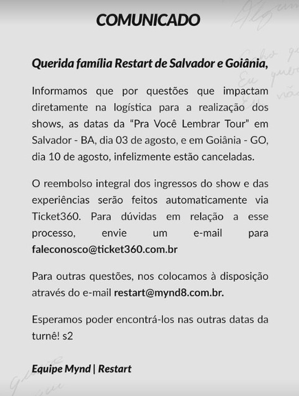 Restart cancela shows em Salvador e Goi&acirc;nia &mdash; Foto: Reprodu&ccedil;&atilde;o/Instagram