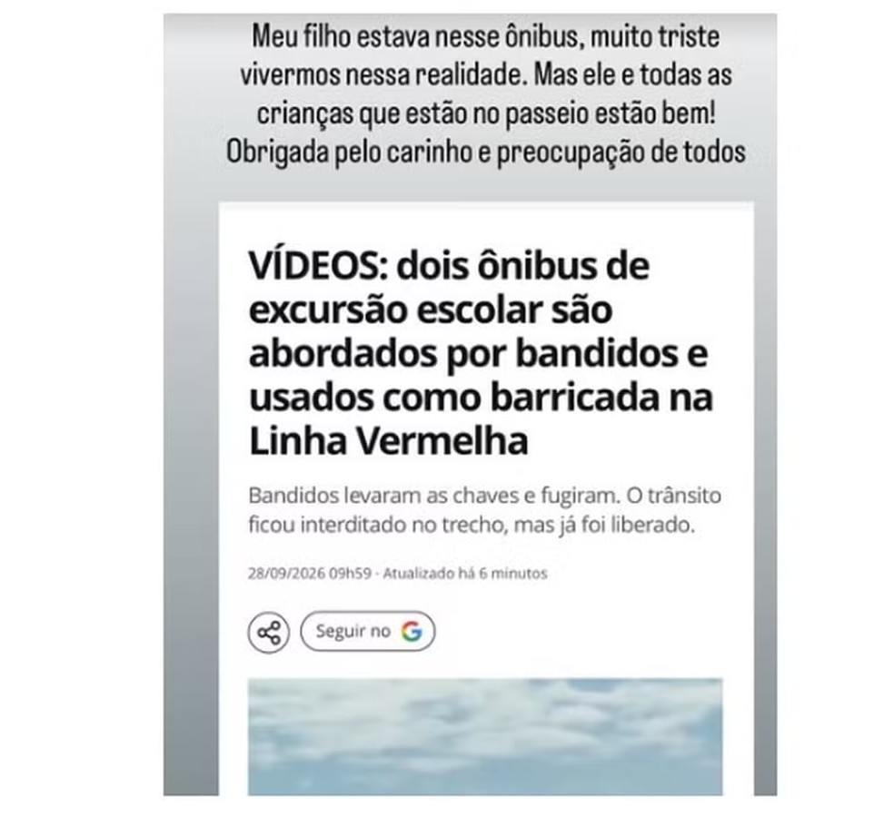 Relato da mãe de um dos alunos da Escola Eleva cujo ônibus foi interceptados por criminosos — Foto: Reprodução/Instagram