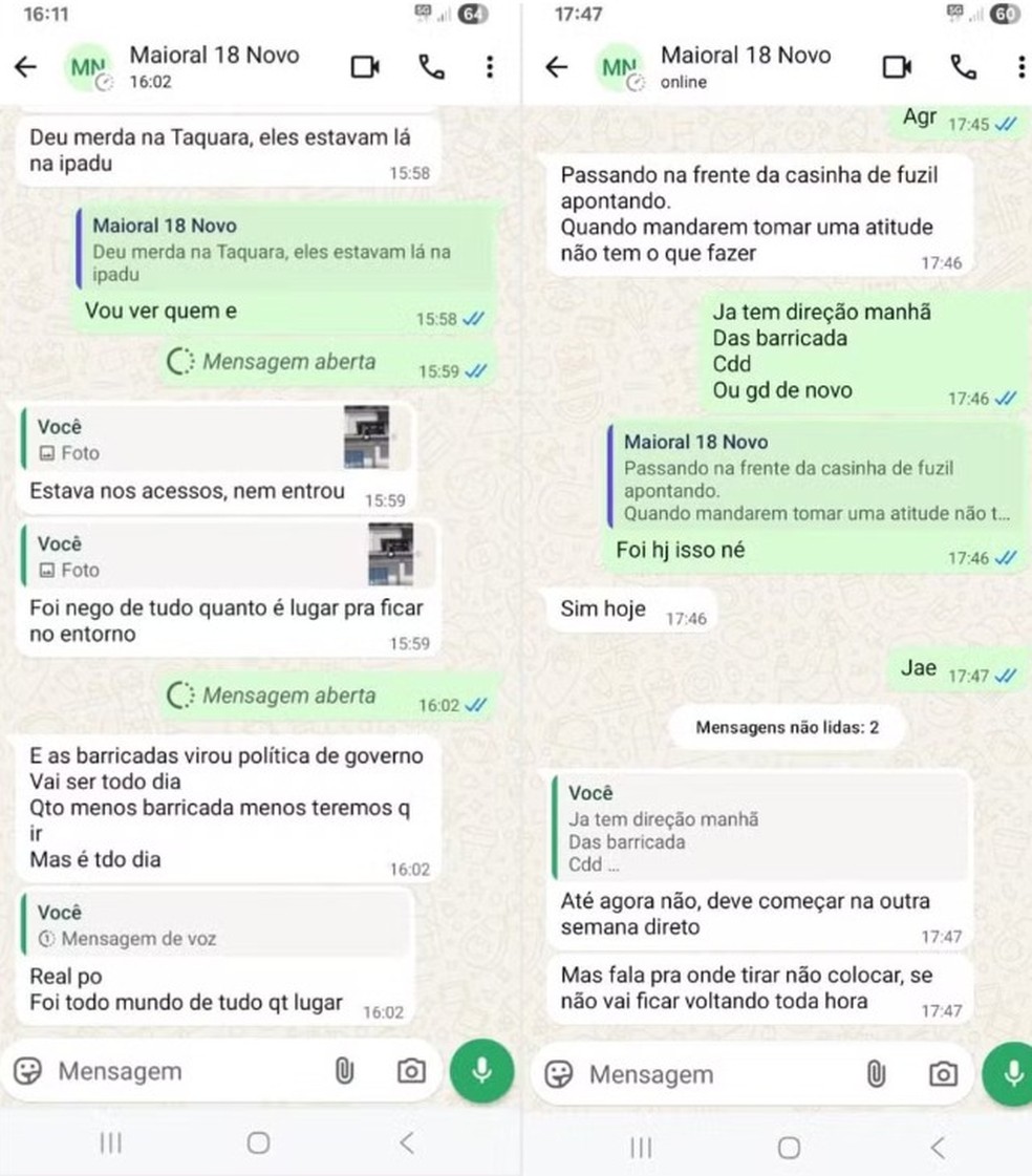 A conversa de Bigode Mexicano com seu superior, identificado como "Maioral 18 Novo" — Foto: Reprodução