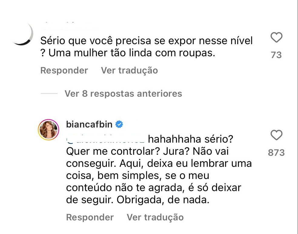 Bianca Bin rebate seguidor após postar fotos seminua — Foto: Instagram