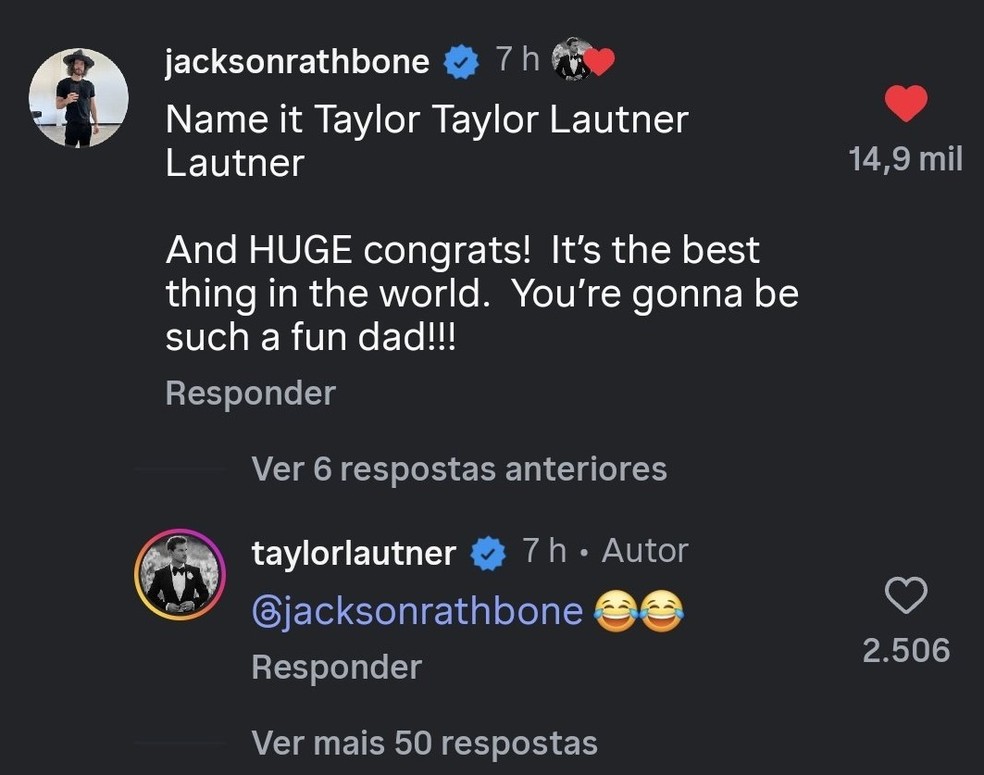 Após Taylor Lautner anunciar a gravidez da esposa, Taylor Lautner, até amigos fazem meme com possível nome do bebê — Foto: Reprodução/Instagram
