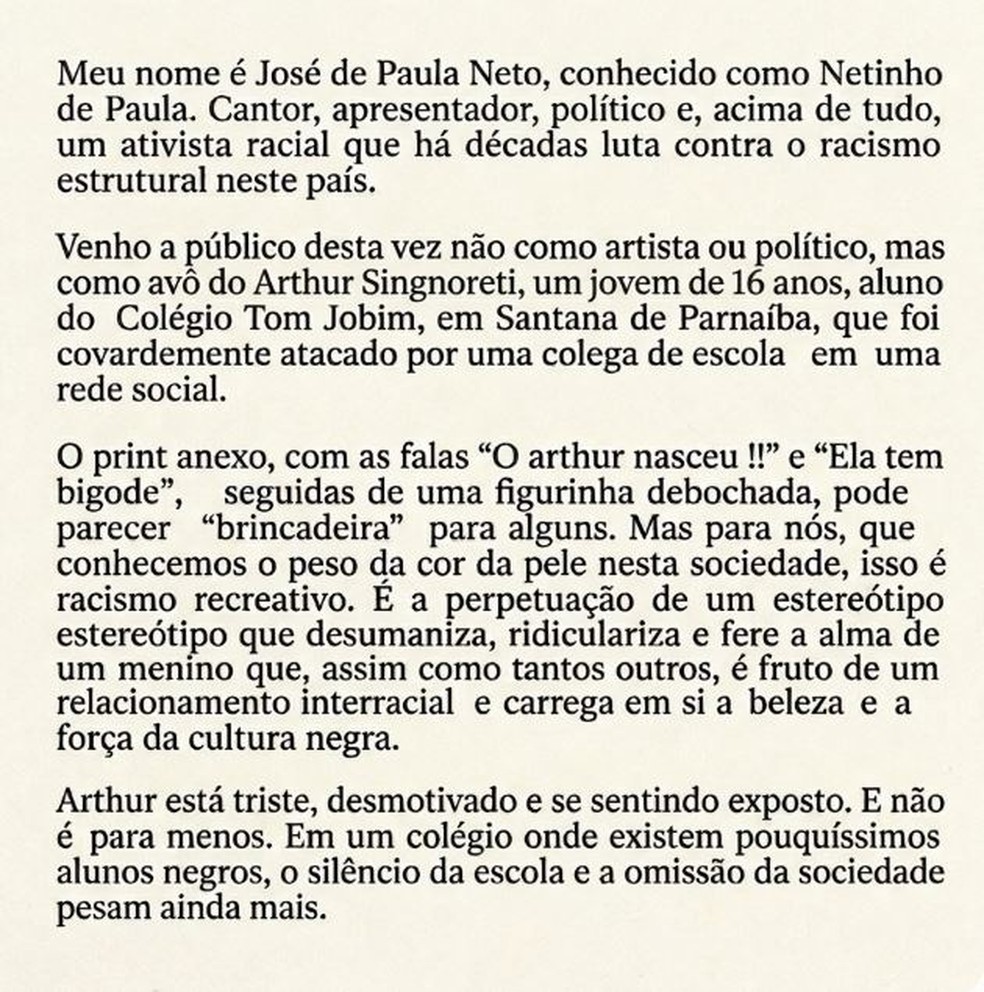 Netinho de Paula denuncia racismo contra o neto — Foto: rep/ instagram