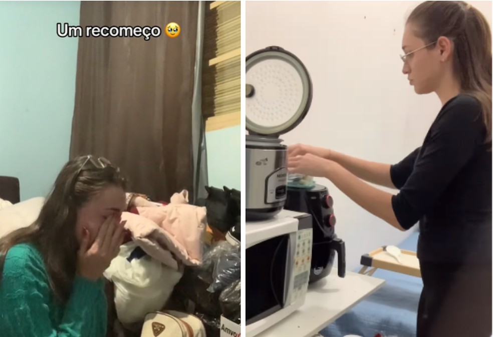 Beatriz Modesto Gil, de 22 anos, saiu de casa e foi recomeçar a vida morando no banheiro do pet shop onde trabalha — Foto: Reprodução/TikTok