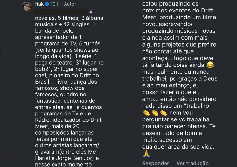 Fiuk responde seguidor que disse que ele não trabalha — Foto: Reprodução/Instagram