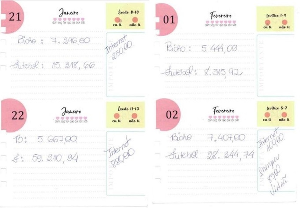 Páginas da agenda encontrada pela polícia em uma banca de apostas no Recife: o início — Foto: reprodução