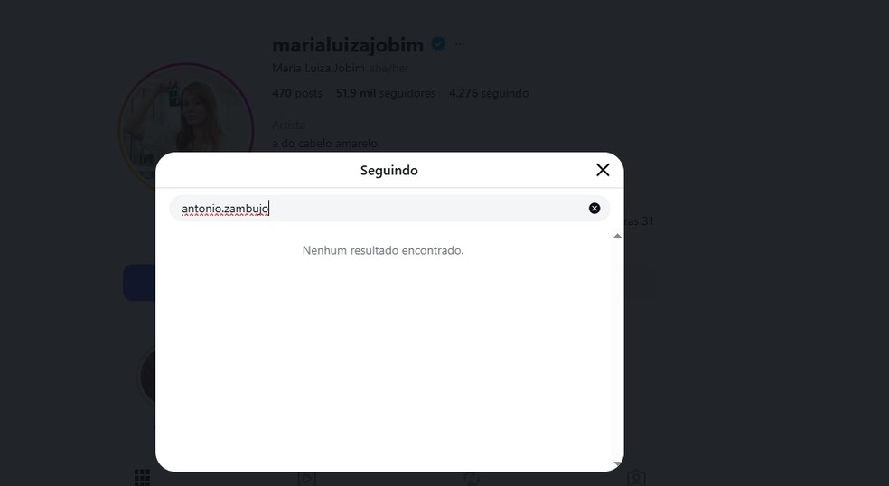 Maria Luiza Jobim já não segue mais o então marido, António Zambujo, nas redes sociais — Foto: Reprodução/Instagram