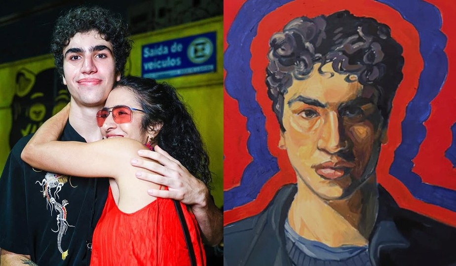 Mano Wladimir com a mãe, a cantora Marisa Monte, e um autorretrato do artista - Fotos: Divulgação