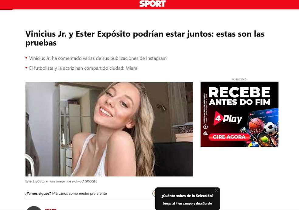 Jornal espanhol falou dos rumores de affair de Ester Expósito e Vini Jr em 2022 — Foto: Reprodução