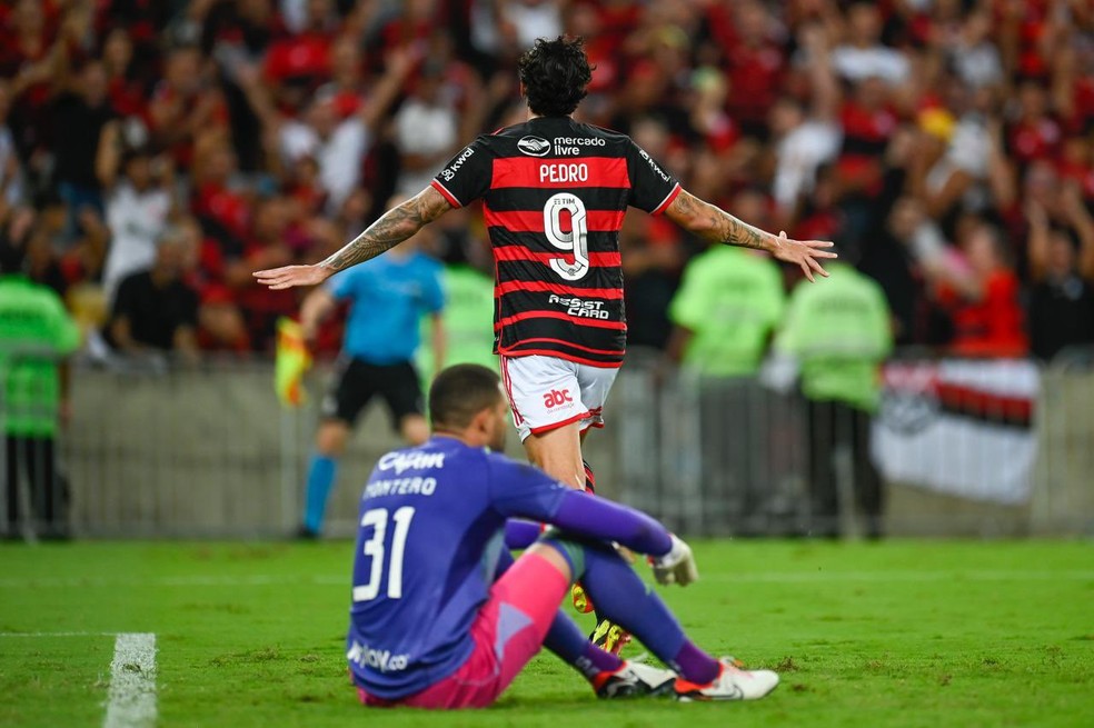 O artilheiro Pedro abriu o caminho para a vit&oacute;ria do Flamengo sobre o Millon&aacute;rios &mdash; Foto: Marcelo Cortes - Divulga&ccedil;&atilde;o / Flamengo